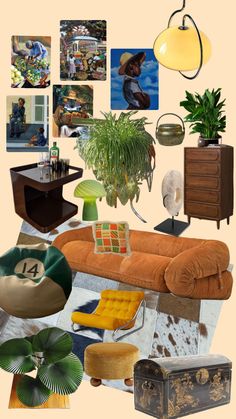 a collage of furniture, plants and pictures