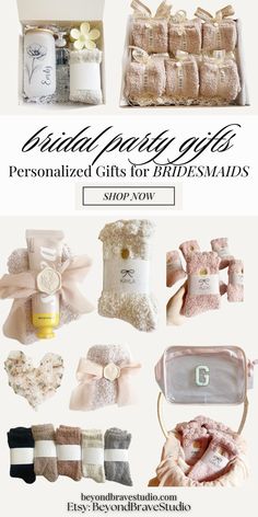 the wedding gift guide for bridesmaids is shown in white and beige colors, with bows