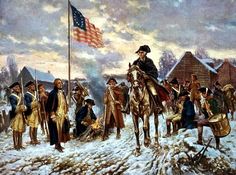 an image of a painting of men on horses in the snow with one man holding a flag