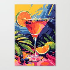 a painting of a cocktail with oranges and olives on the table next to it