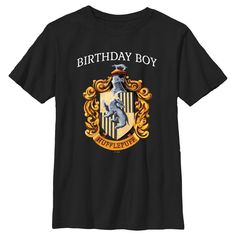 Have a fantastical birthday this year and unlock magical secrets hiding in the closet under the stairs with these officially licensed Harry Potter styles! Head to Hogwarts with your favorite witches and wizards and learn to defeat He Who Shall Not Be Named! This Boys' Harry Potter and the Half-Blood Prince Hufflepuff Birthday Boy Graphic T-Shirt features the iconic Hufflepuff coat of arms printed in gold style, along with the phrase: "Birthday boy" printed in white lettering across the top. And, Hufflepuff Birthday, Closet Under The Stairs, Prince Clothes, Half Blood Prince, Harry Potter Style, Under The Stairs, Harry Potter Hufflepuff, Harry Potter Outfits, Boys Graphic Tee