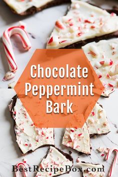 chocolate peppermint bark with candy canes on the side and text overlay