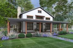 this is an artist's rendering of the front elevation of a modern farmhouse house