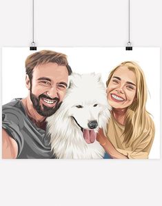 a man and woman holding a white dog in front of a poster hanging on a wall