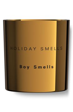 a close up of a metal object with the words holiday smells boy smells on it