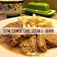 slow cooker steak and gravy on a plate