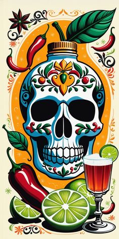 a painting of a skull with a drink in it's mouth and some vegetables around it