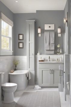 a bathroom with gray walls and white fixtures