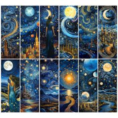 six different images of the night sky with stars, moon and buildings in it's center