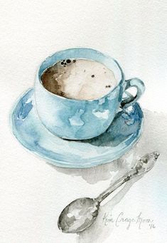 a watercolor painting of a cup of coffee on a saucer with a spoon