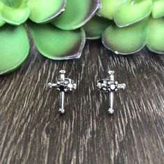 "Beautiful Cross studs earrings are made of high grade Stainless steel . Earrings are set with black glass stone at the center. Those studs are gender neutral and perfect for men or women Size is around 1/2\" long x 3/8\"wide Listin for 1 pair (2 earrings) All items are shipped in a gift box" Gothic Silver Jewelry With Studs, Gothic Silver Stud Jewelry, Mens Studs, Cross Gothic, Mens Earrings, Earrings Cross, Dagger Earrings, Earrings Gothic, Goth Earrings