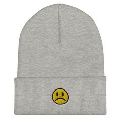 "Embroidered. A snug, form-fitting beanie. It's not only a great head-warming piece but a staple accessory in anyone's wardrobe. 100% Turbo Acrylic 12\" in length Hypoallergenic Unisex style Hand washable" Frowny Face, Cuffed Beanie, Camping Gifts, Skull Cap Beanie, Skull Cap, Unisex Style, Stay Warm, Unisex Fashion, Heather Grey