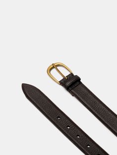 Handmade in our atelier in Alicante, Spain. Grain leather is not only a customer favourite, but also a team favourite. This belt is crafted in a grain calf which creates the little extra edge that we always look for. Made with a curved brass buckle and cut in a 3cm width. Elegant Workwear Belts With Brass Hardware, Luxury Leather Belt With Brass Hardware, Luxury Belts With Brass Hardware, Gold Belt With Brass Buckle For Work, Elegant Business Belts With Brass Buckle, Leather Workwear Belts With Brass Hardware, Leather Belts With Brass Hardware For Work, Timeless Gold Leather Belt Buckles, Modern Belts With Gold Buckle For Office