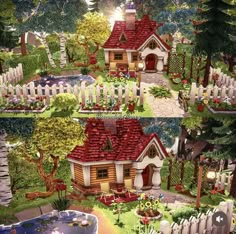 two pictures of a small house in the middle of trees and bushes, one has a red roof