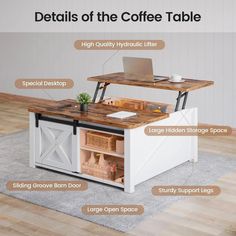 the details of a coffee table are shown in this graphic above it's description