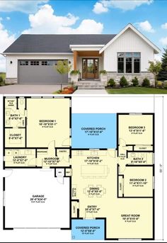 the floor plan for this modern house is very large and has two garages on each side