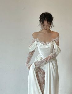 #athestic #dress #korean #fashion Lace Under Wedding Dress, Cool Gowns, Wedding Dress With Pants Underneath, Waterfall Wedding Dress, Modern Elegance Aesthetic, Ethereal Dress Goddesses Wedding, Elegant Romantic Wedding Dress, Wedding Dress With Tattoos, Cultural Wedding Dress