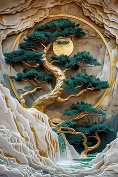 a painting of a pine tree in the middle of a mountain with a river running through it