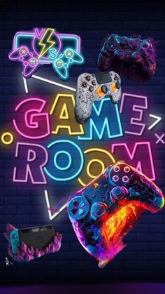 neon text and video game controllers are featured in this image