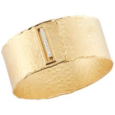 14 Karat Yellow Gold Hand-Crafted Matte and Hammer-Finished Scallop-Edged Cuff Bracelet, Enhanced with 0.36 Carats of a Pave Set Diamond Buckle Closure.