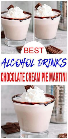 cocktail glass with chocolate rim glass filled with chocolate cream pie martini & whipped cream topping with hershey candy Best Chocolate Cream Pie, Chocolate Alcoholic Drinks, Valentines Cocktail, Martini Recipes Easy, Food Truck Desserts, Drinks Alcohol Recipes Easy, Football Drink, Whiskey Cream, Easy Alcoholic Drinks