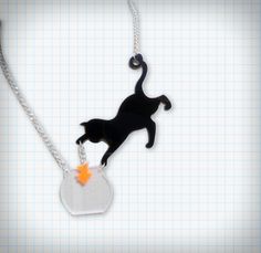 Super cute necklace featuring a black cat trying to catch a little orange goldfish!  Made from lasercut acrylic, cat is 9CM wide, fish bowl is 4cm wide and the necklace itself is 50cm long. Cat Acrylic, Acrylic Necklace, A Black Cat, Fish Bowl, Cute Necklace, Ice Cream Cake, Cream Cake, Goldfish