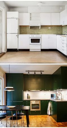 before and after pictures of a kitchen with white cabinets, green walls and wood floors