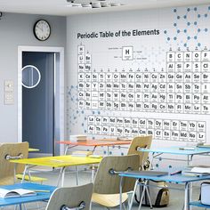 an empty classroom with tables and chairs in front of a wall that has the chemical table of the elements written on it