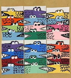 four different colored alligators are shown in this art project with paper and glue on the bottom