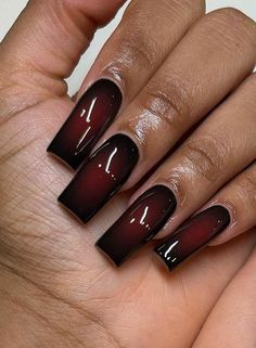 Black And Red Aura Nails, Red Ombre Nails, Handmade Nails, Red Acrylic Nails, Airbrush Nails, Red Nail Designs, Nail Sets, Long Square Acrylic Nails, Red Nail