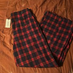 Cider Pants, Size L - Tartan, Navy/Red/Black Button Up Front Casual Plaid Bottoms With Button Closure, Retro Bottoms With Button Closure For Fall, Red Buttoned Bottoms For Work, Retro Pants With Button Closure For Fall, Retro Fall Bottoms With Buttons, Vintage Fall Pants With Buttons, Vintage Pants With Buttons For Fall, Vintage Fall Bottoms With Button Closure, Vintage Fall Bottoms With Buttons