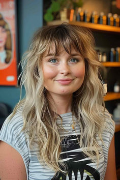 25 Flattering Bangs for Long Hair and Round Faces You Won’t Want to Miss This 2024 Chunky Bangs Round Face, Shaggy For Round Face, Soft Shag Haircut Wavy Hair, Thick Bangs Round Face, Beth Dutton Yellowstone Hair, Long Shag Haircut With Micro Bangs, Faux Shag Haircut, Fun Haircuts For Women Round Faces, Women’s Wolf Haircut