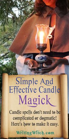 a candle is lit in front of a sign that reads, simple and effective candle magick