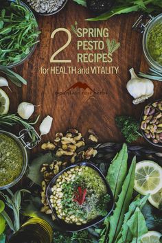 the cover of two pesto recipes for health and vitality, with various ingredients surrounding it