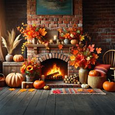 a fireplace decorated with fall leaves and pumpkins