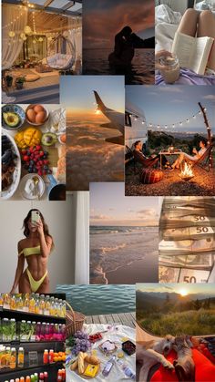 a collage of photos with people and food on the beach at sunset or sunrise