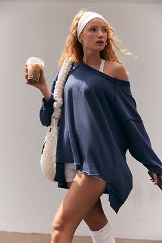 Cozy for on-the-go, this sweatshirt features a soft, terry fabrication in an oversized silhouette with a high-low hem for a chic take on the classic pullover. **Fit:** Relaxed fit; oversized; boat-neck **Features:** Soft, terry fabrication; boat-neck; oversized fit; high-low hem; ribbed detail at hem and cuffs; stitching detail throughout **Why We | One To Beat Pullover by FP Movement at Free People, Midnight Combo, S Free People Sweatshirt, Fp Movement Outfit, Free People Movement Outfit, Free People Inspired Outfits, Free People Outfits, Power Hour, Yoga Mom, Fun Clothes, After Workout