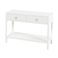 a white console table with two drawers