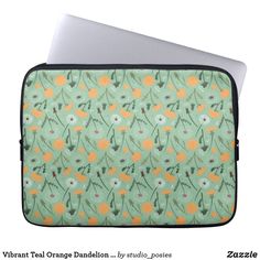 an orange and green floral pattern on a laptop sleeve with the words teal orange dandelions by studio - posies