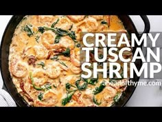 creamy tuscan shrimp with spinach in a skillet