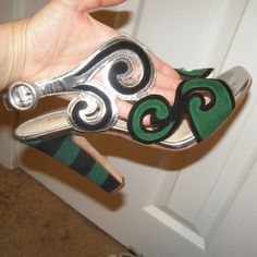 Only Pair Like This On Any Platform. Super Rare!!! Size 40, Which Is A Us 9.5 Excellent Condition! Only Wear Is On The Bottom Sole! Worn Only A Couple Times. Silver Patent Leather With Green Suede Featuring A Striped Textile Covered Heel. Gorgeous In Person! Green Suede, Green Shoes, Prada Shoes, Patent Leather, Prada, Textiles, Heels, Green, Silver