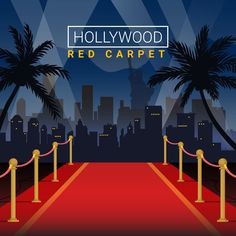 hollywood red carpet with rope barriers and palm trees in the background, at night time