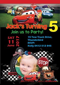 this is an image of a birthday party with cars on the front and back of it