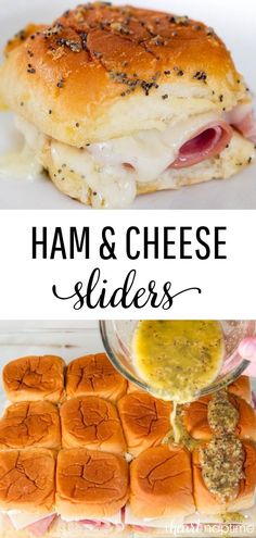 ham and cheese sliders on a plate with dipping sauce