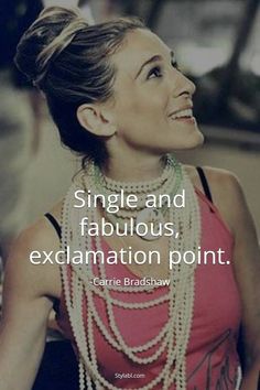 a woman with pearls on her neck and the words, single and fabulous, exclamation point