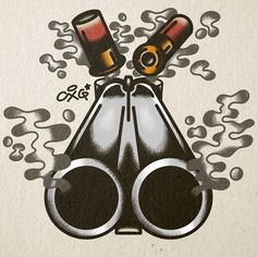 a drawing of two black and red binoculars