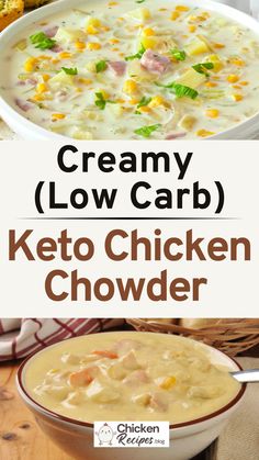 Keto Chicken Chowder : This Low Carb Chicken Chowder is packed with tender chicken, savory vegetables, and rich, creamy broth, it’s an excellent option for those chilly evenings when you need something hearty. Chicken Chowder Soup, Keto Creamy Chicken, Chicken Chowder, High Fat Low Carb Recipes, Chowder Soup, Keto Lunch