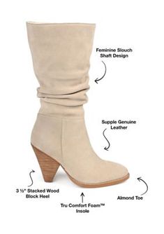 Sultry style defines the Syrinn by Journee Signature. This almond-toe boot features genuine leather uppers with slouchy detailing and an inside zipper at the calf. A 4 mm Tru Comfort Foam insole offers support and comfort, and a cone-shaped stacked heel elevates the look. | Journee Collection Women's Syrinn Boots, Sand, 12M Almond Toe Boots, Sultry Style, Journee Collection, Stacked Heel, Boot Shoes Women, Riding Boots, Almond, Leather Upper, Shoe Boots