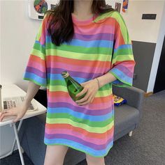 Loose Cute Colors Striped Shirt – Nada Outfit Land Colorful Oversized Casual Top, Multicolor Half Sleeve T-shirt For Summer, Multicolor Long Sleeve Summer T-shirt, Oversized Multicolor T-shirt For Summer, Casual Long Sleeve Rainbow T-shirt, Rainbow Cotton Shirt For Summer, Kawaii Harajuku Fashion, Colorful Outfit