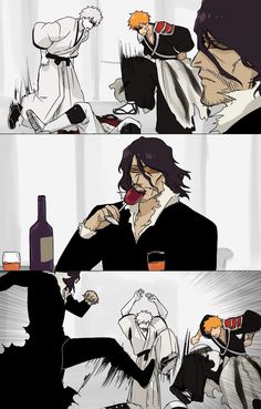 two cartoon scenes with one man drinking wine and the other eating food